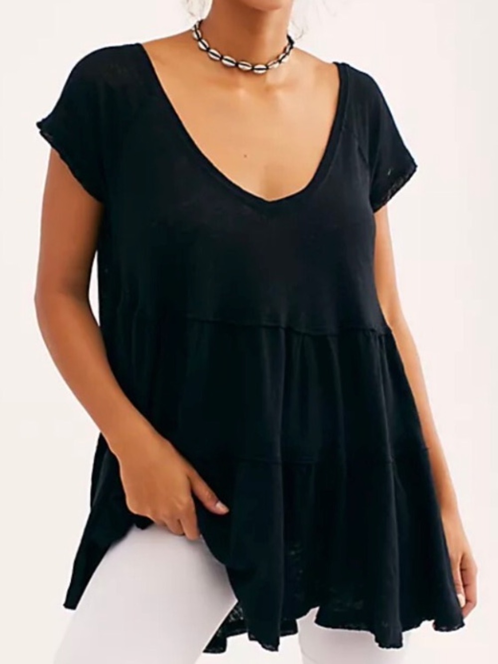 WE THE FREE Black Linen & Cotton Tiered Babydoll Tee
